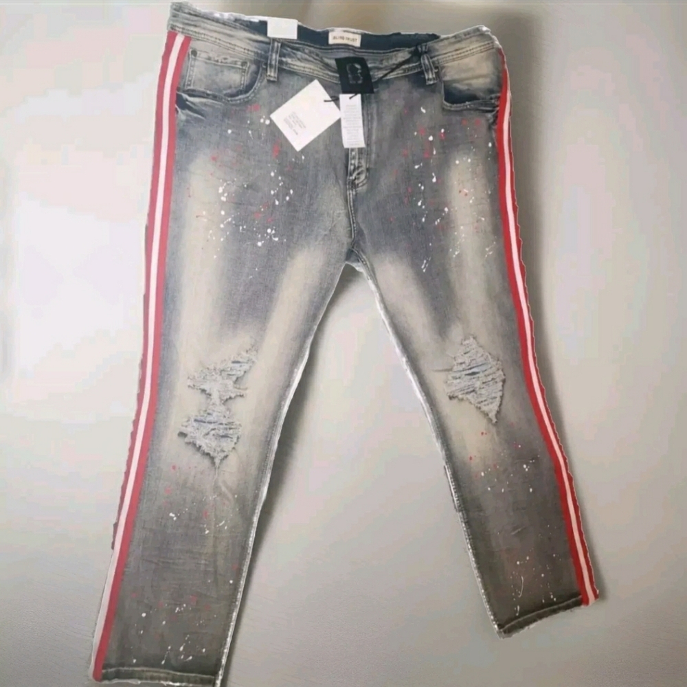 "Blind Trust Men's Side Stripe Paint Splatter Jeans - Dirt Wash, Size 50/32 - Tr